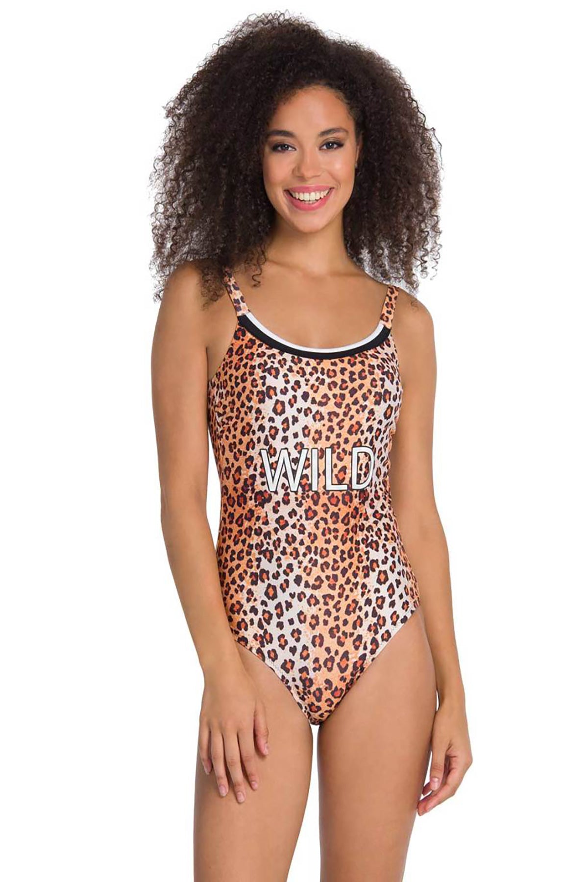 Kahve Leopar Desenli Ince Askılı Mayo