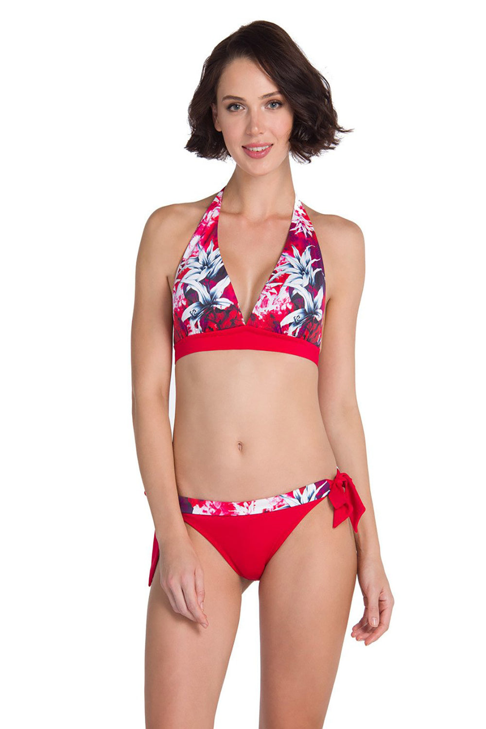 Kırmızı Boyun Bağlı Desenli Üst Üçgen Bikini Takımı