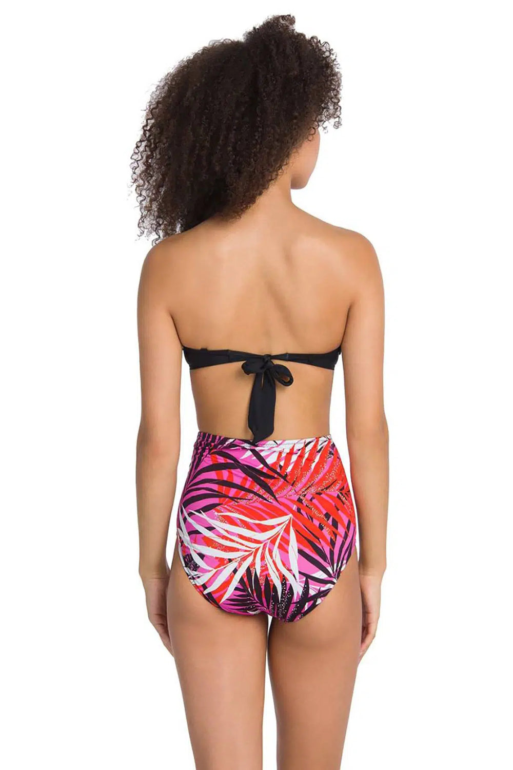 Siyah Dolgulu Karışık Desenli Straplez Yüksek Bel Bikini Takımı