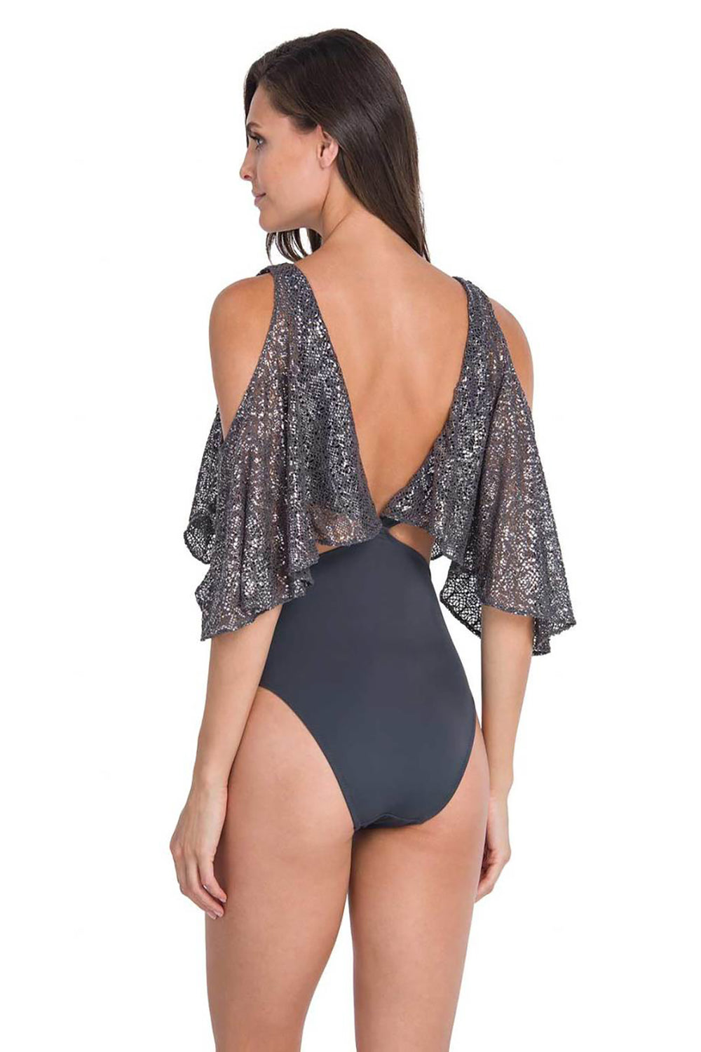 Gri Omuz Dekolteli Geniş V Yaka Mayo