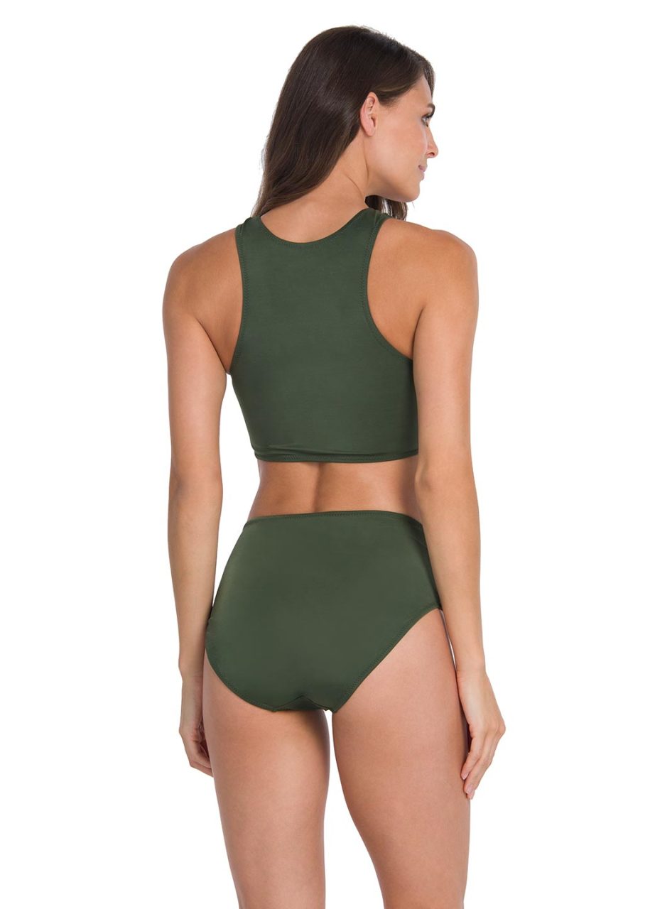 Yeşil Leopar Desenli Fermuarlı Büstiyer Bikini Takımı