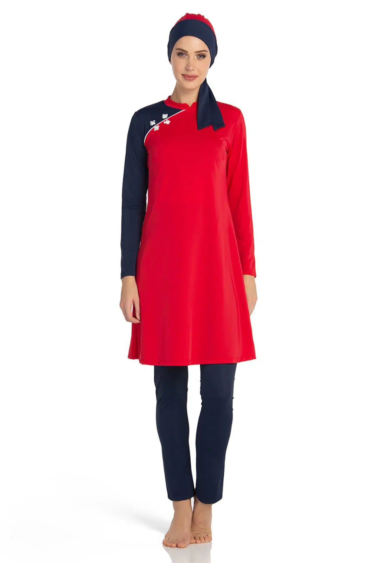 Kırmızı Omuz Detay Taytlı Tesettür Mayo