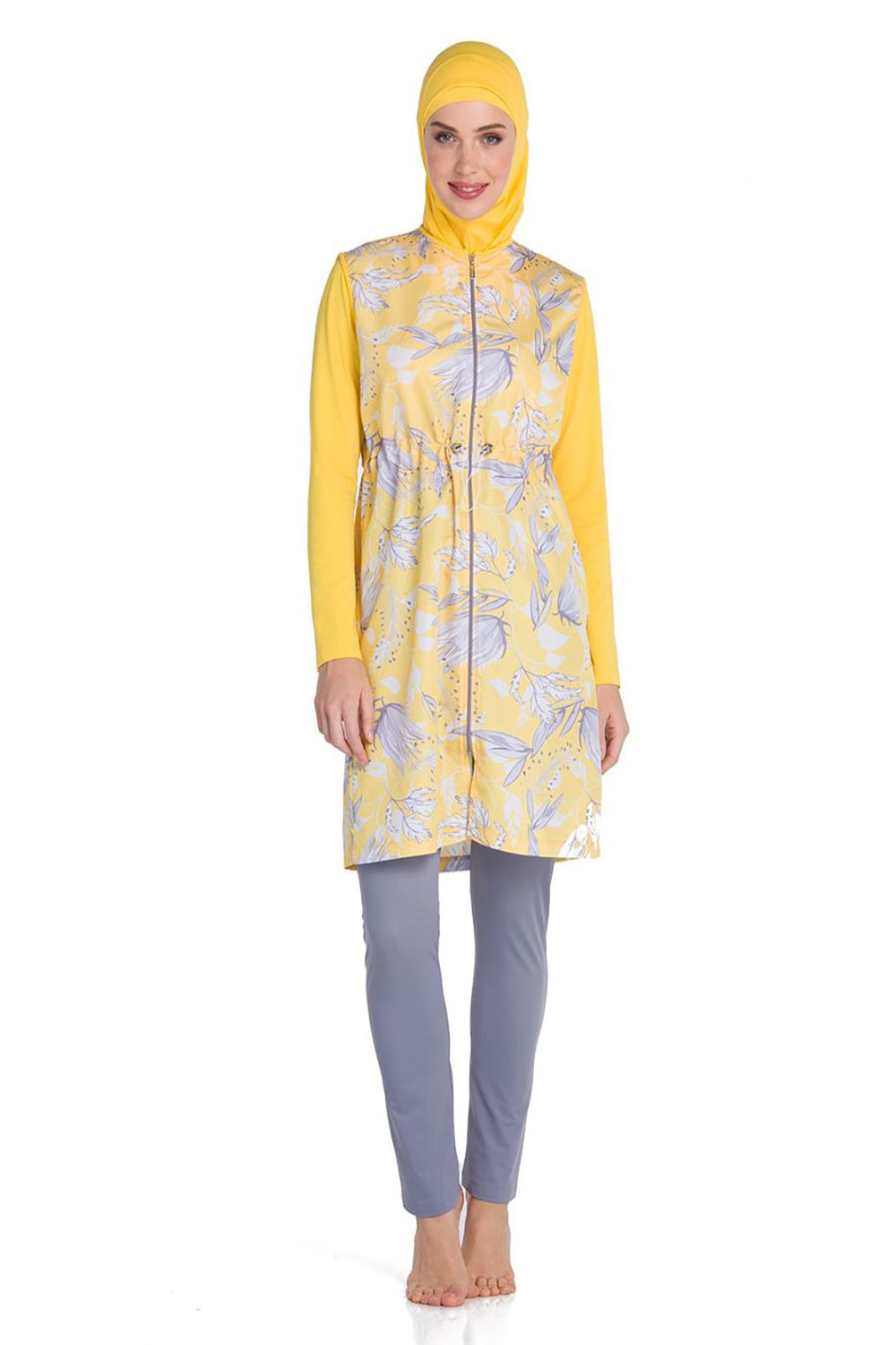 Sarı Fermuarlı Desenli Taytlı Tesettür Mayo
