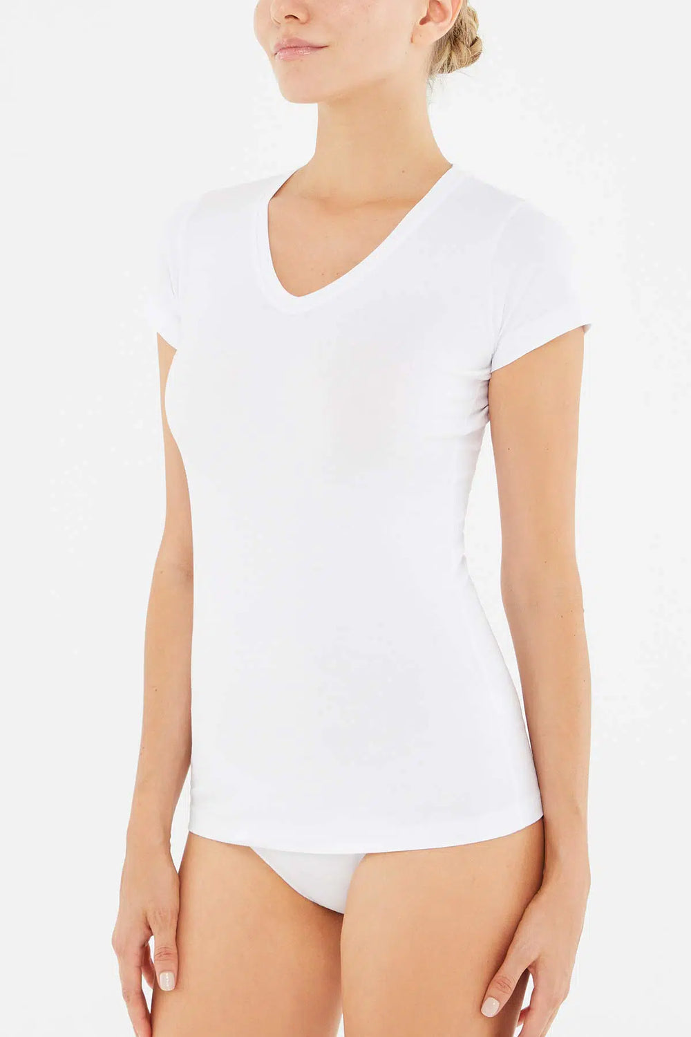 Beyaz V Yaka Penye Kısa Kollu Kadın T-Shırt