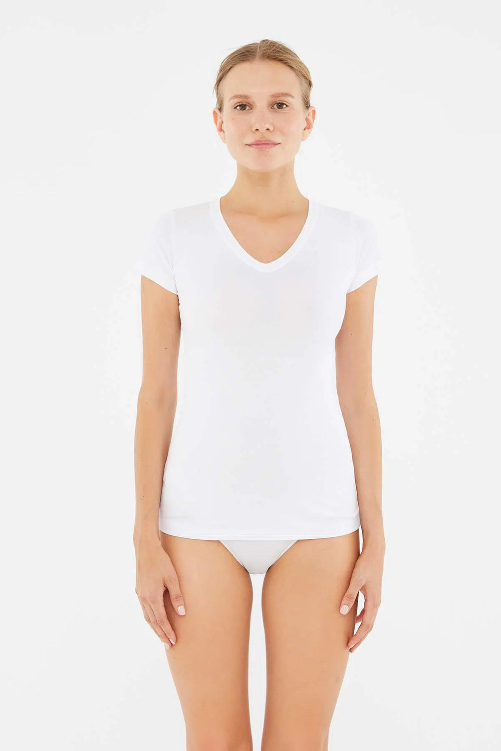 Beyaz V Yaka Penye Kısa Kollu Kadın T-Shırt