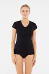 Siyah V Yaka Penye Kısa Kollu Kadın T-Shırt