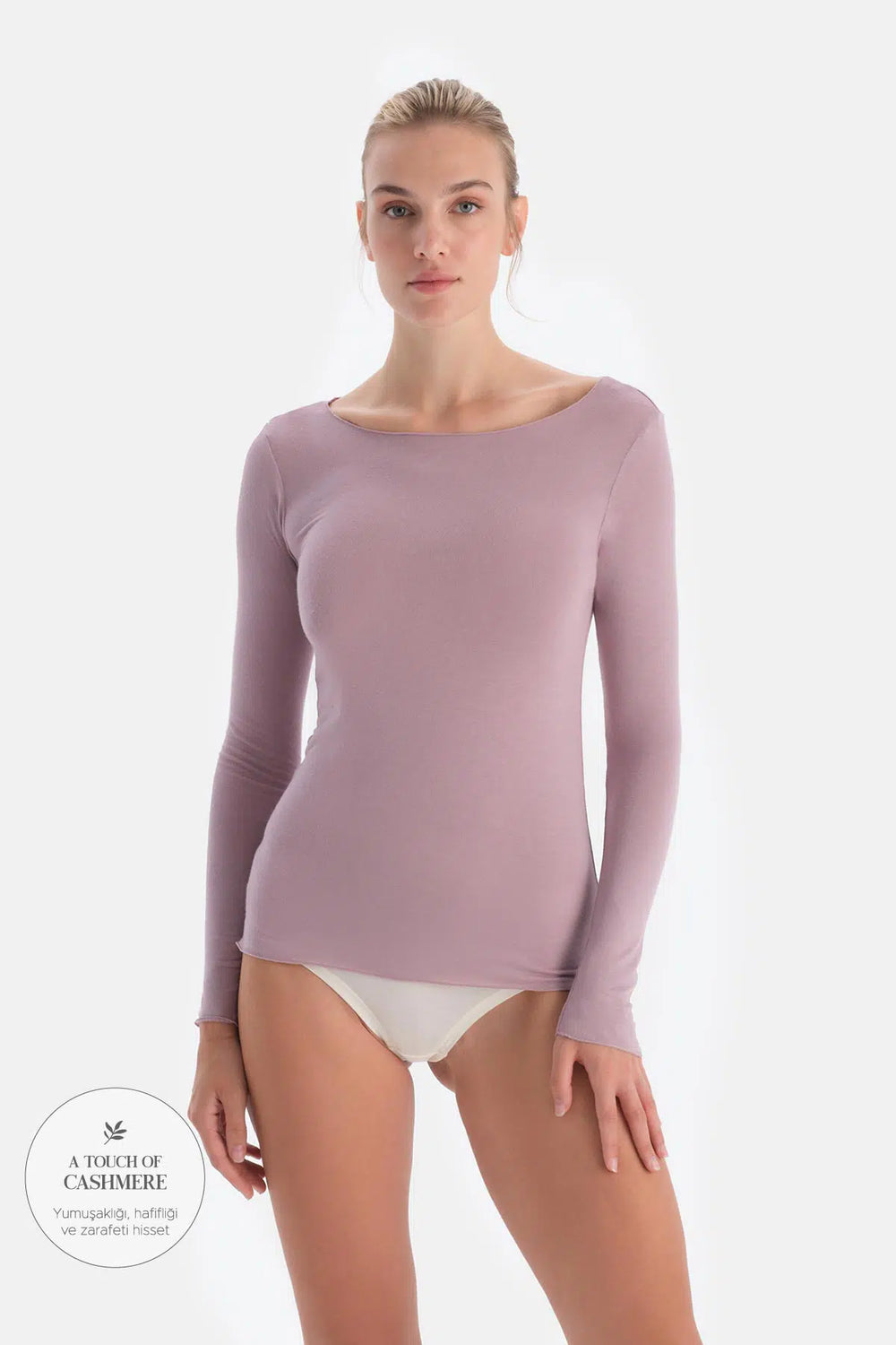 Gül Kurusu Modal Kaşmir Kayık Yaka Uzun Kollu Üst