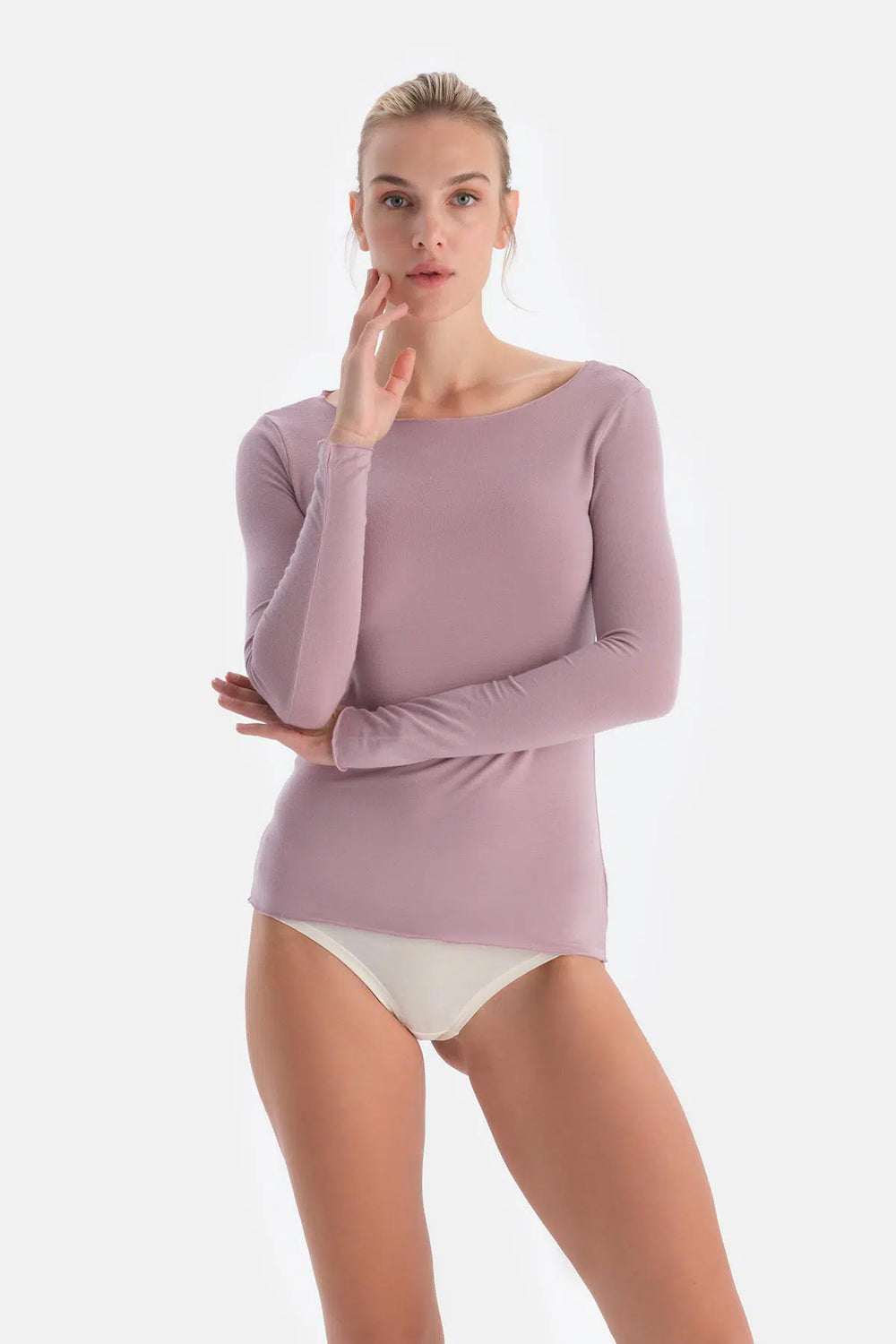 Gül Kurusu Modal Kaşmir Kayık Yaka Uzun Kollu Üst