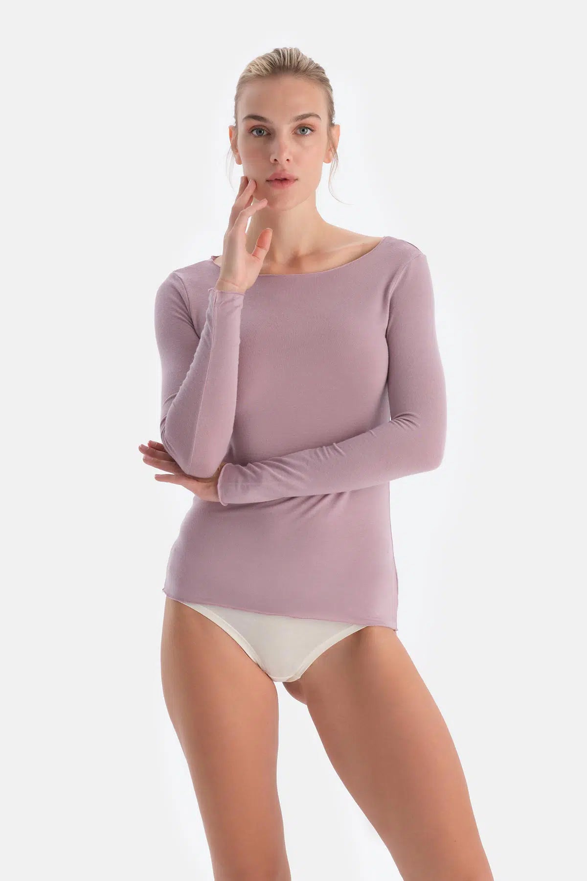 Gül Kurusu Modal Kaşmir Kayık Yaka Uzun Kollu Üst