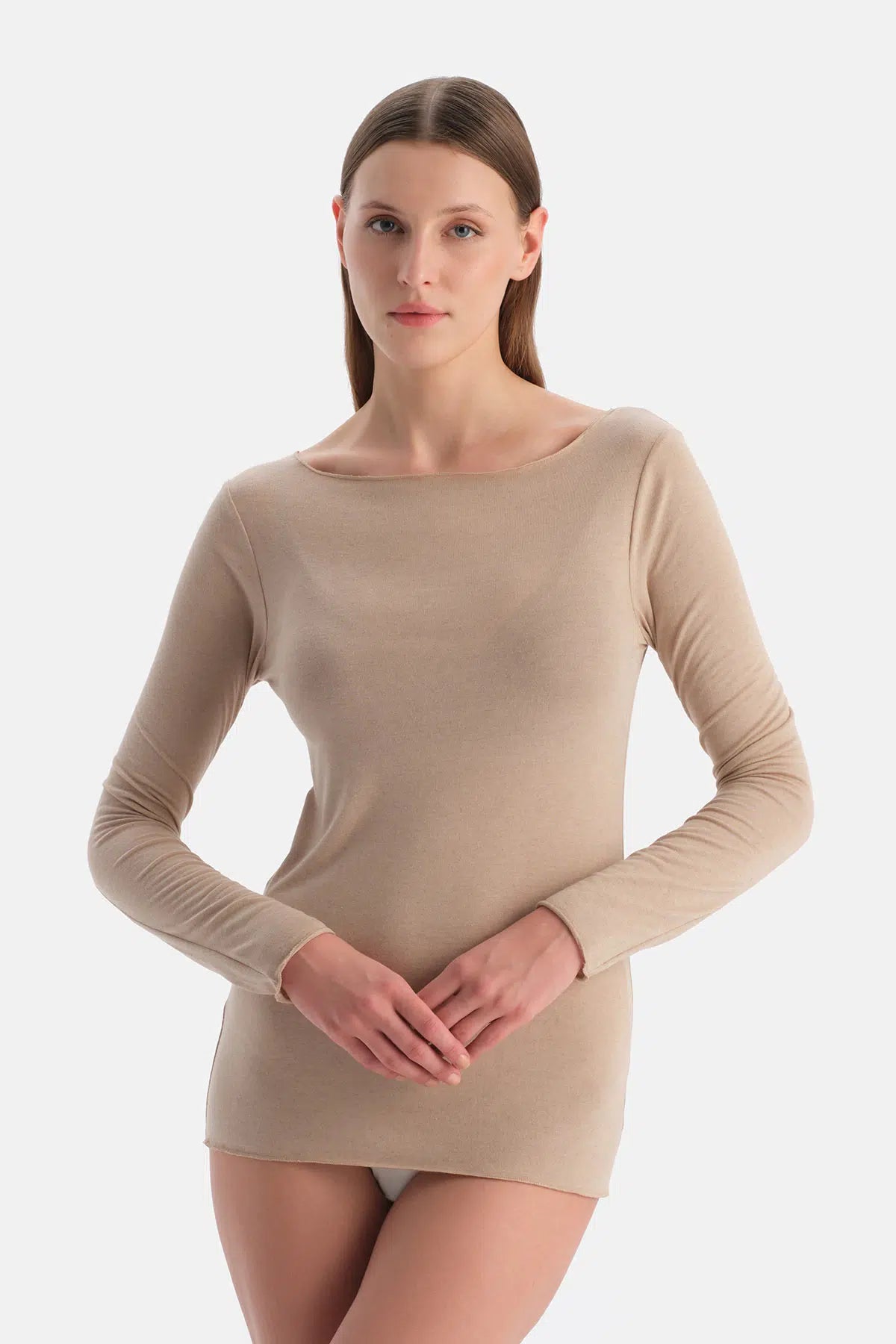 Sütlü Kahve Modal Kaşmir Kayık Yaka Uzun Kollu Üst