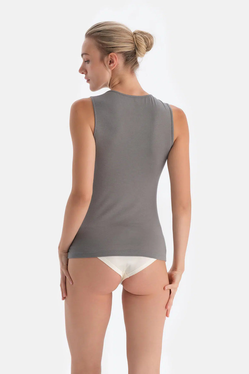 Koyu Gri Modal Kaşmir Dantel Detaylı V Yaka Kolsuz Bluz