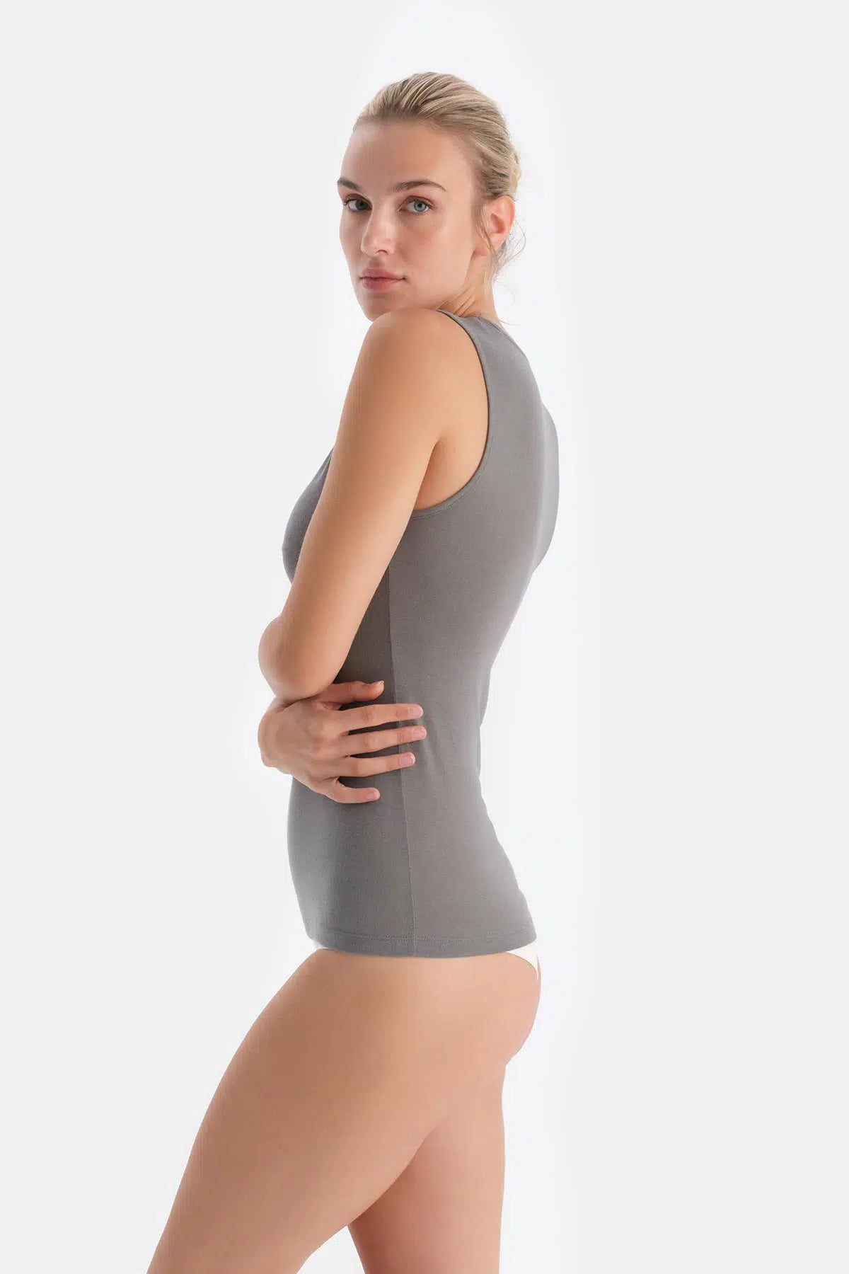 Koyu Gri Modal Kaşmir Dantel Detaylı V Yaka Kolsuz Bluz