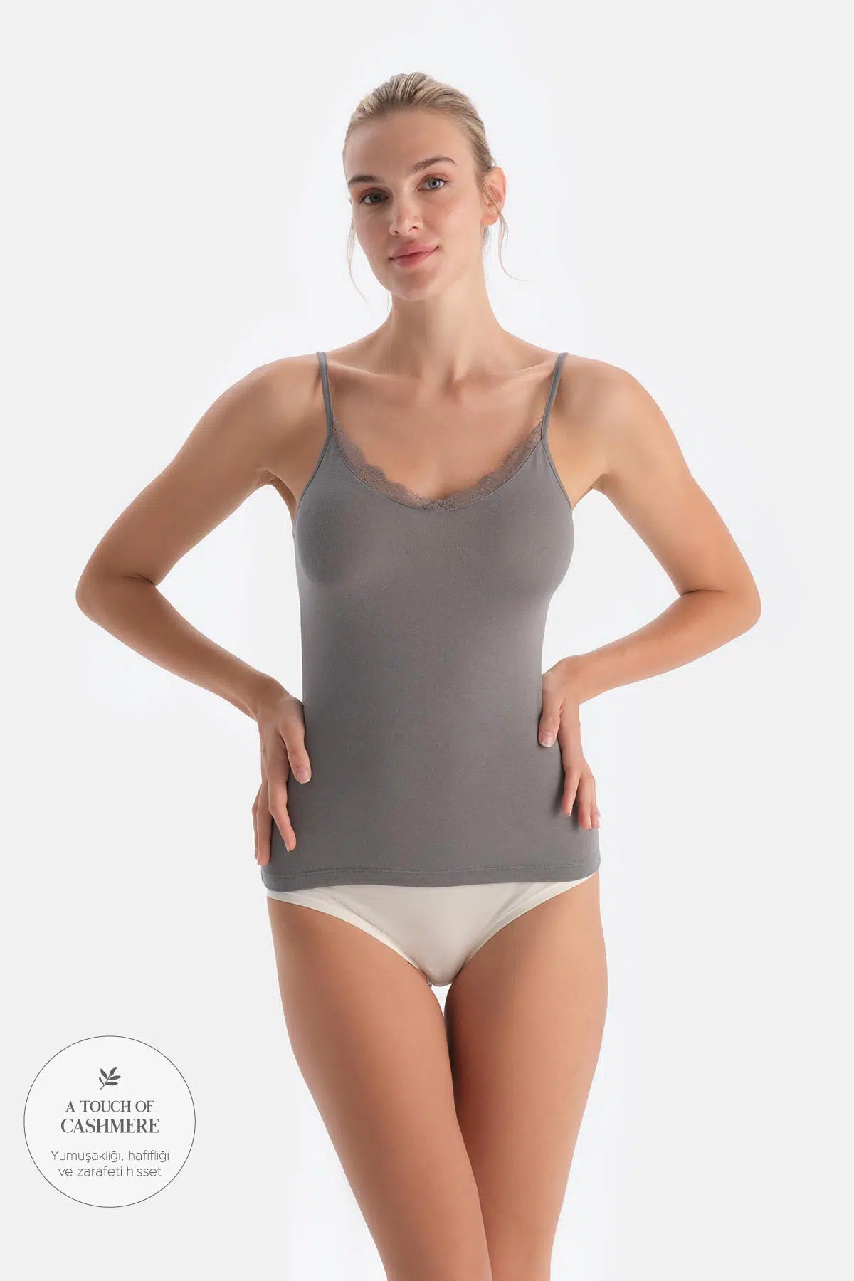 Koyu Gri Modal Kaşmir Dantel Detaylı Atlet