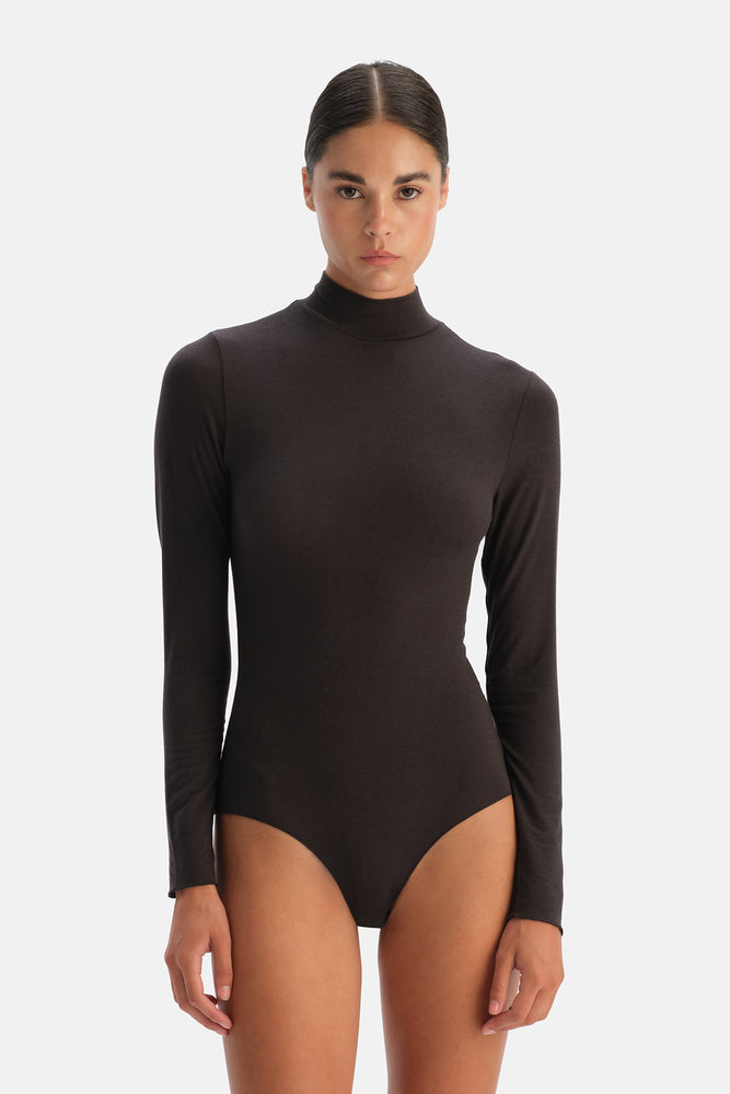 Koyu Kahve Modal Kaşmir Uzun Kollu Balıkçı Yaka Bodysuit