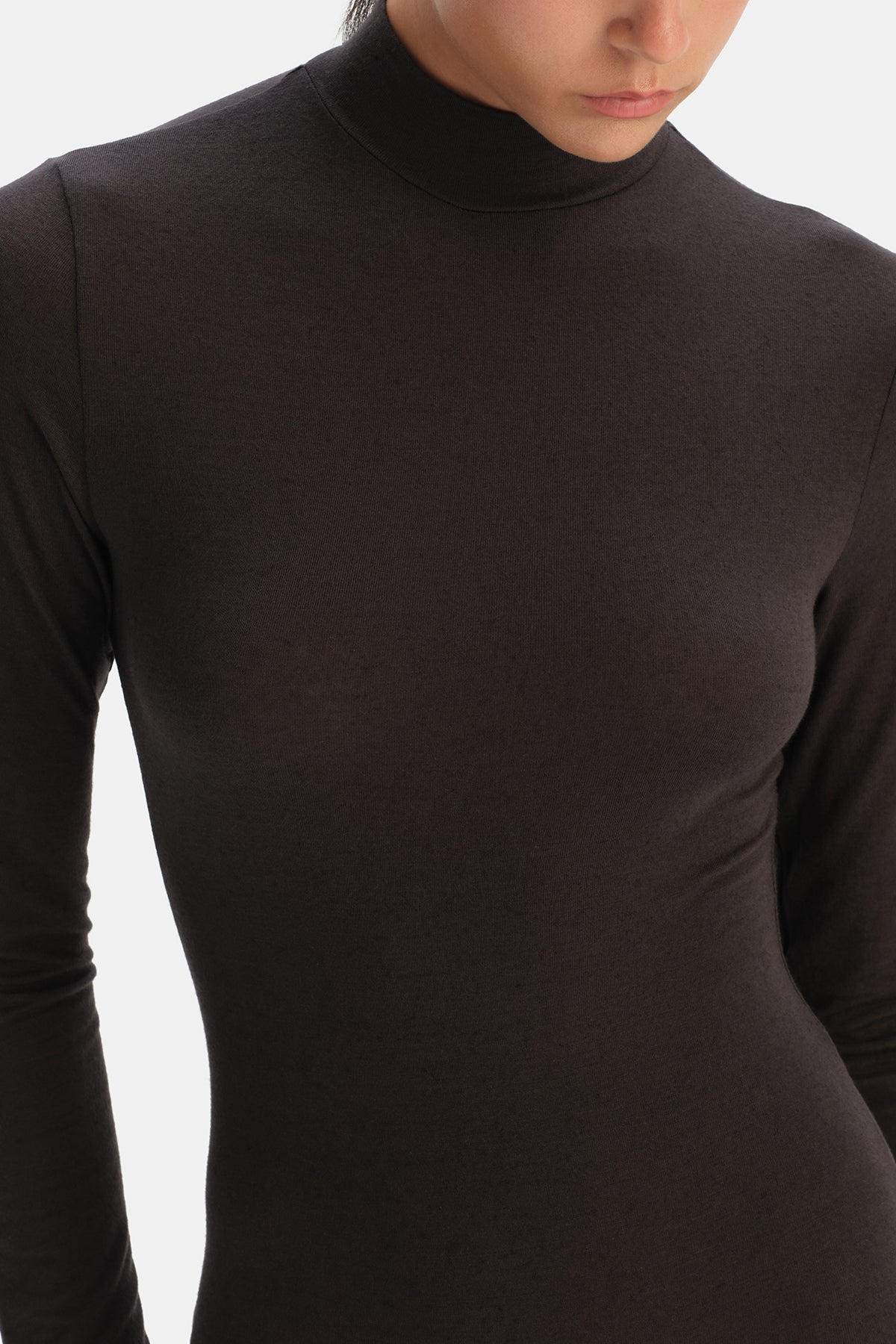 Koyu Kahve Modal Kaşmir Uzun Kollu Balıkçı Yaka Bodysuit