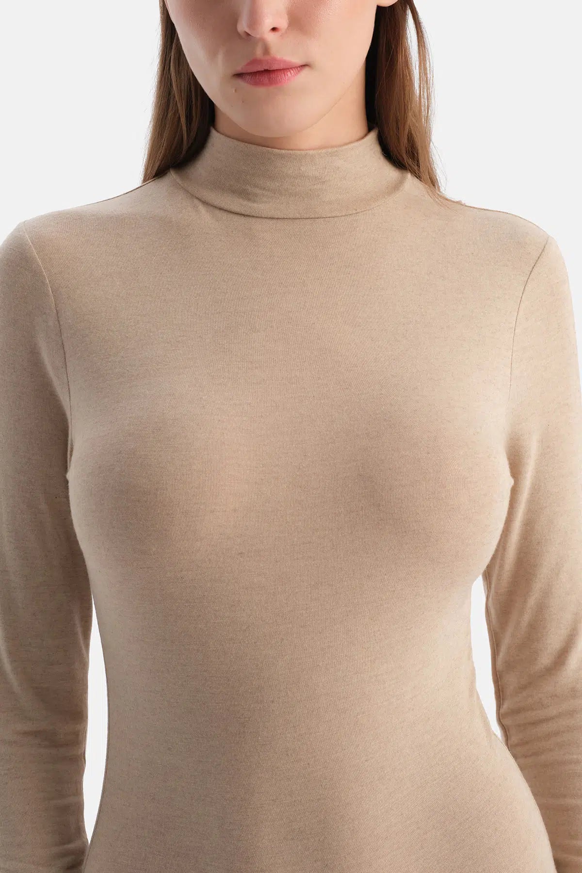 Sütlü Kahve Modal Kaşmir Uzun Kollu Balıkçı Yaka Bodysuıt