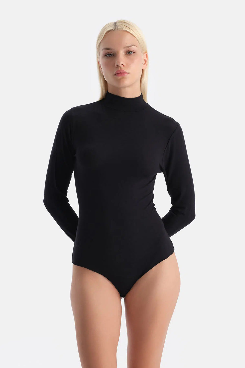 Siyah Modal Kaşmir Uzun Kollu Balıkçı Yaka Bodysuit