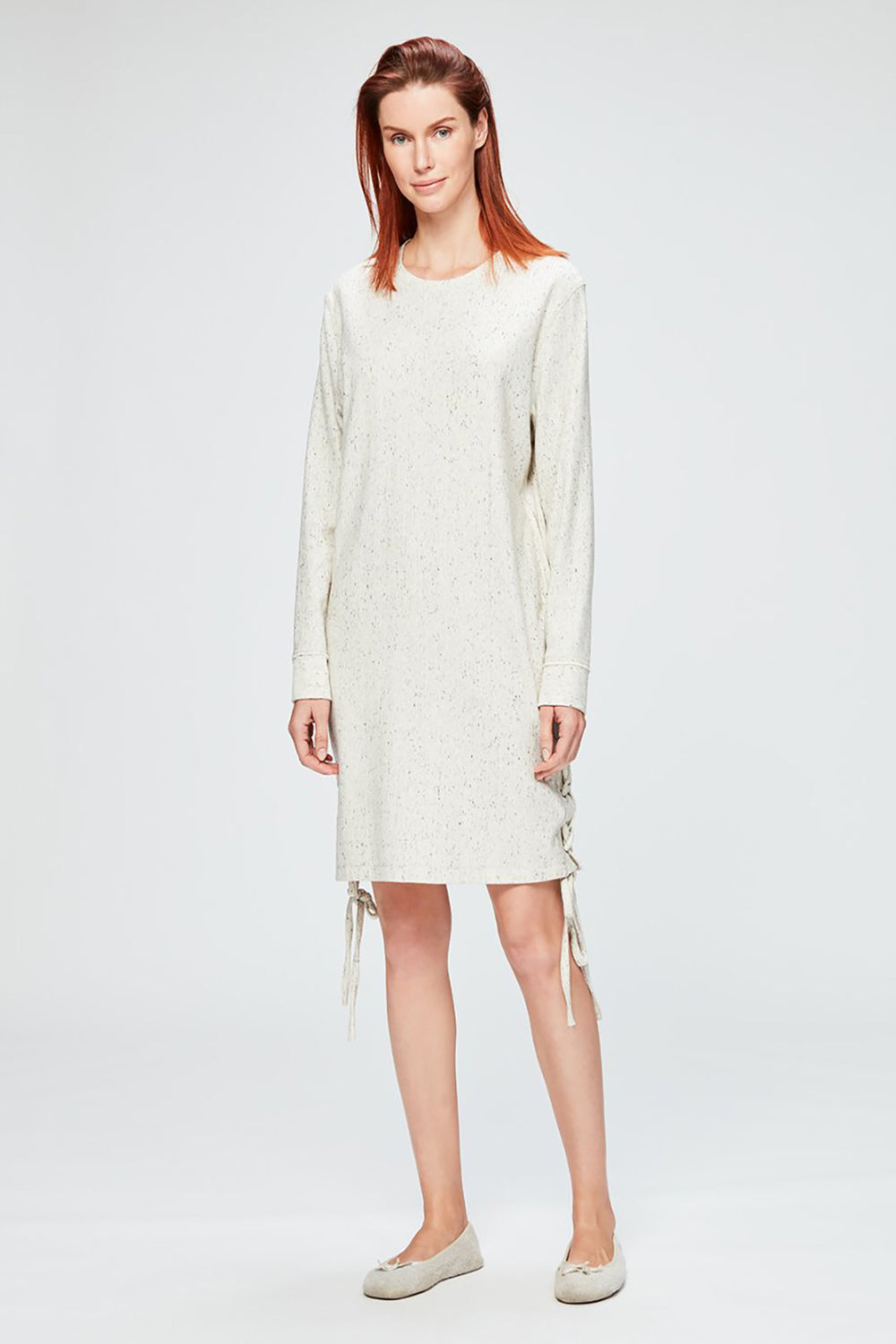 Bej Balık Sırtı Nopeli Uzun Kol Ev Elbisesi