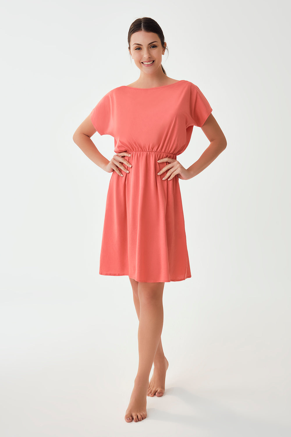 Pudra Pamuklu Kısa Kol Elbise Pareo