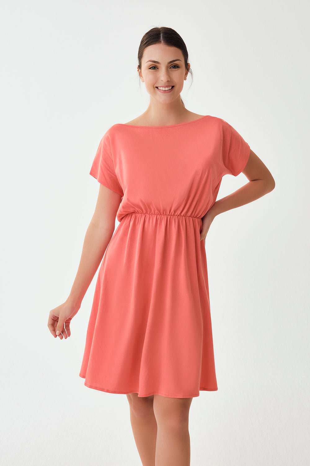 Pudra Pamuklu Kısa Kol Elbise Pareo