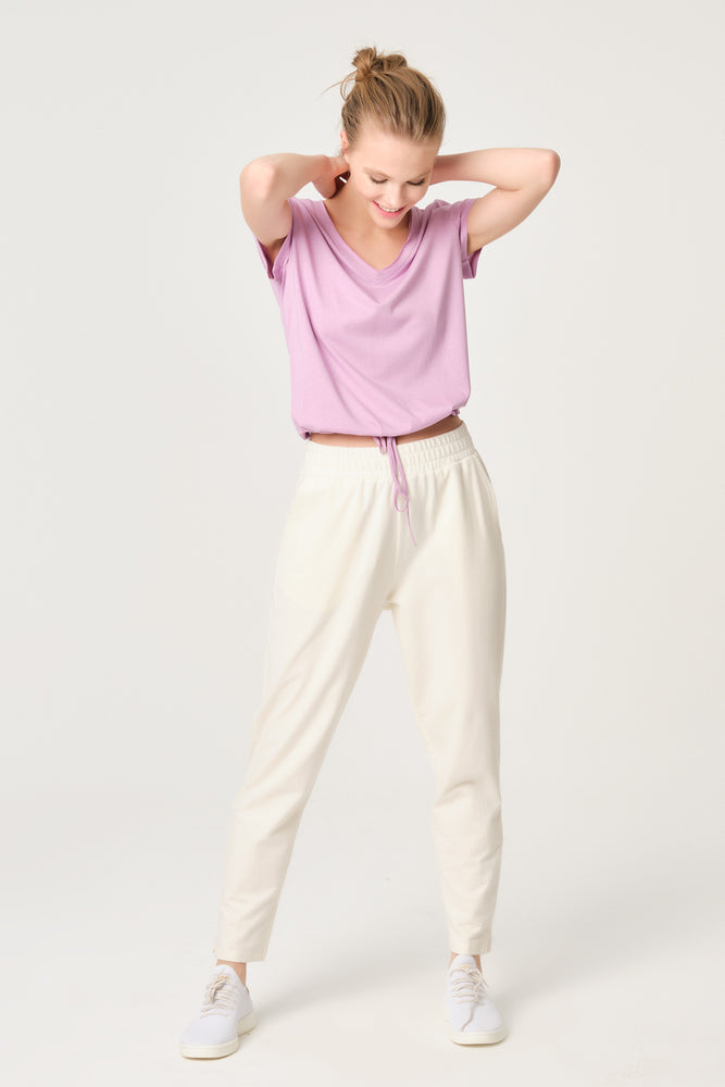 Pembe V Yaka Beli Büzgülü T-Shirt