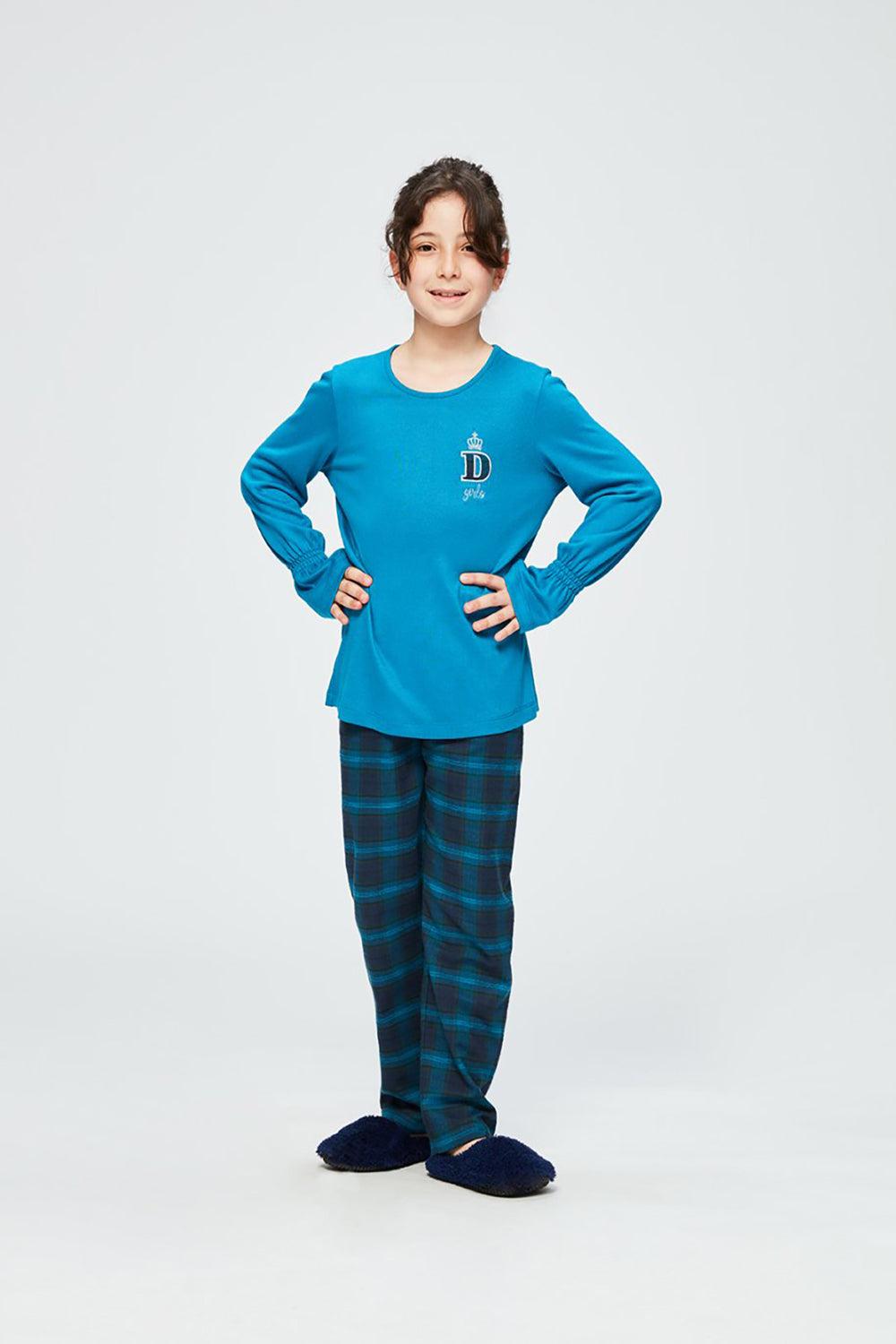 Petrol Altı Flanel Ekose Kız Çocuk Pijama Takımı