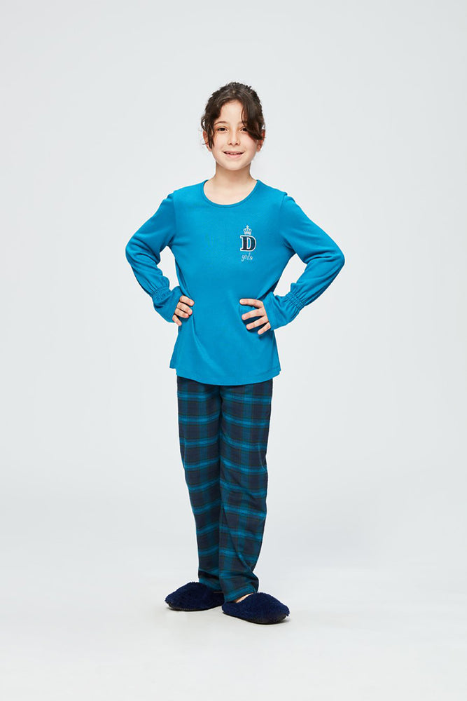 Petrol Altı Flanel Ekose Kız Çocuk Pijama Takımı