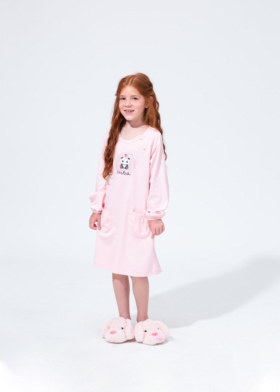 Pudra Penye Panda Baskılı Uzun Kol Kız Çocuk Gecelik