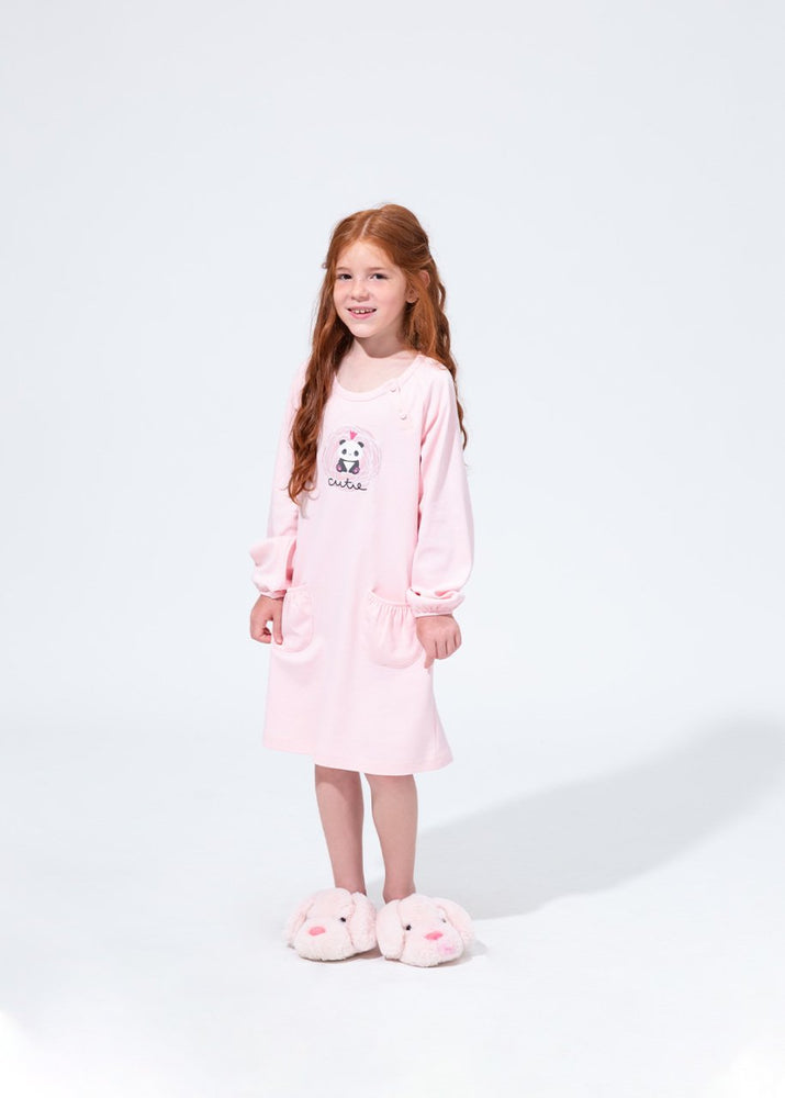 Pudra Penye Panda Baskılı Uzun Kol Kız Çocuk Gecelik