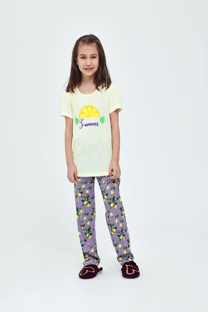 Sarı Modal Limon Baskılı Sıfır Yaka Kısa Kol Kız Çocuk Pijama Takımı