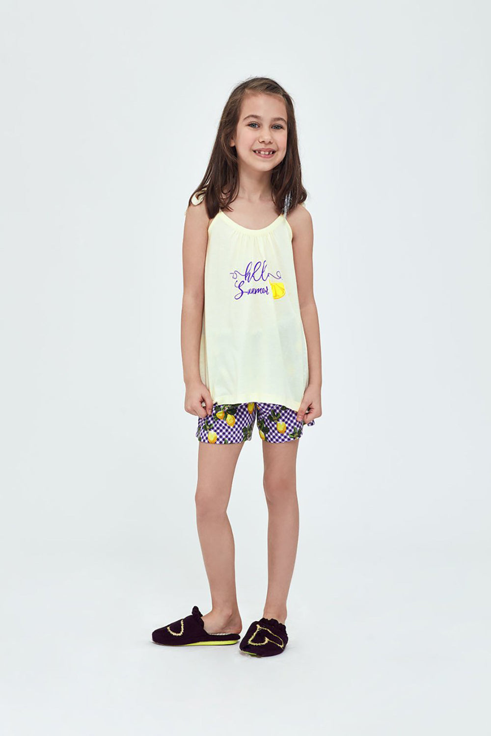 Sarı Modal Limon Empirme Askılı Kız Çocuk Şort Takımı