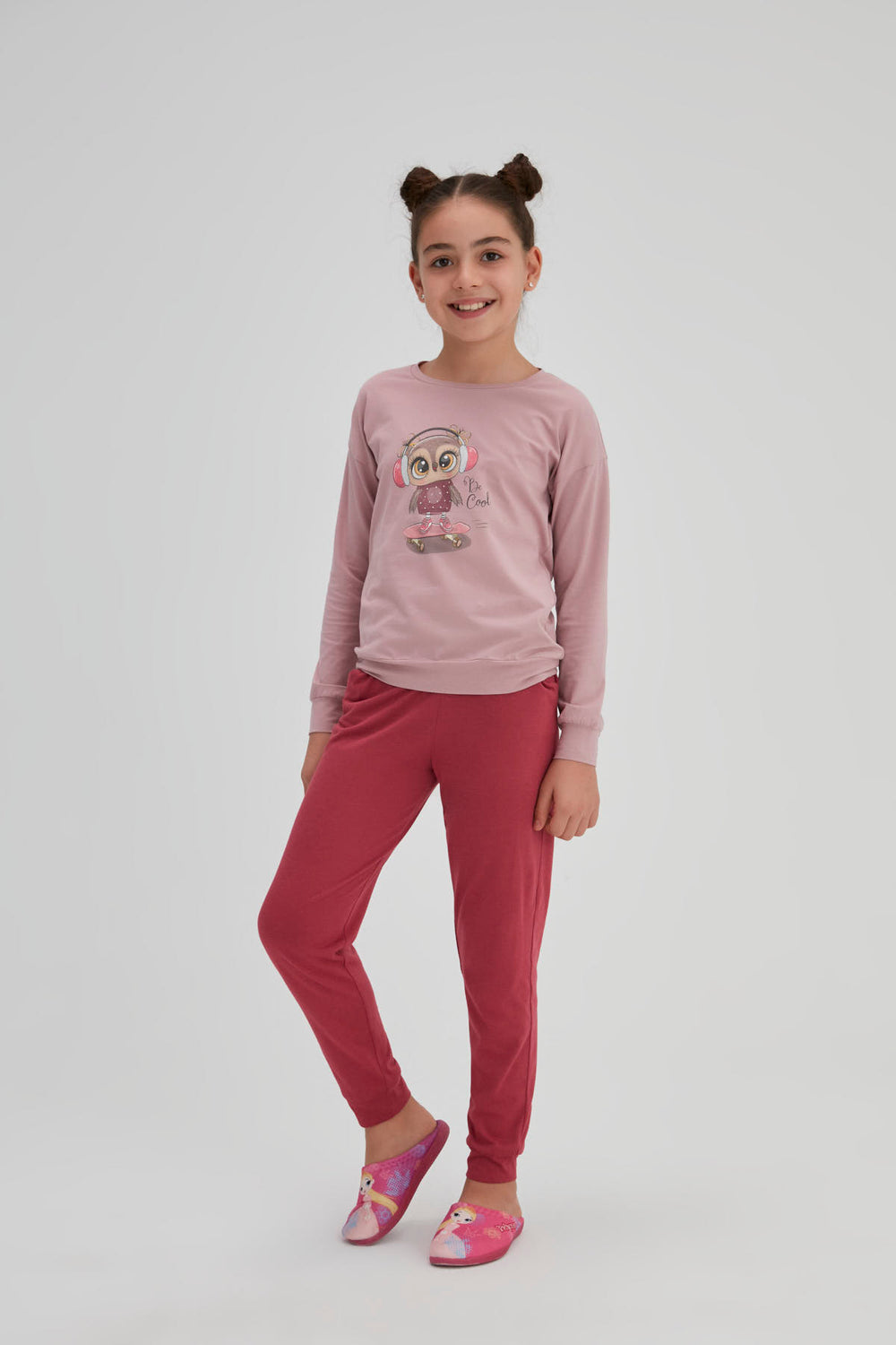 Somon Kız Çocuk Pamuk Baykuş Baskılı O Yaka Pijama Takımı