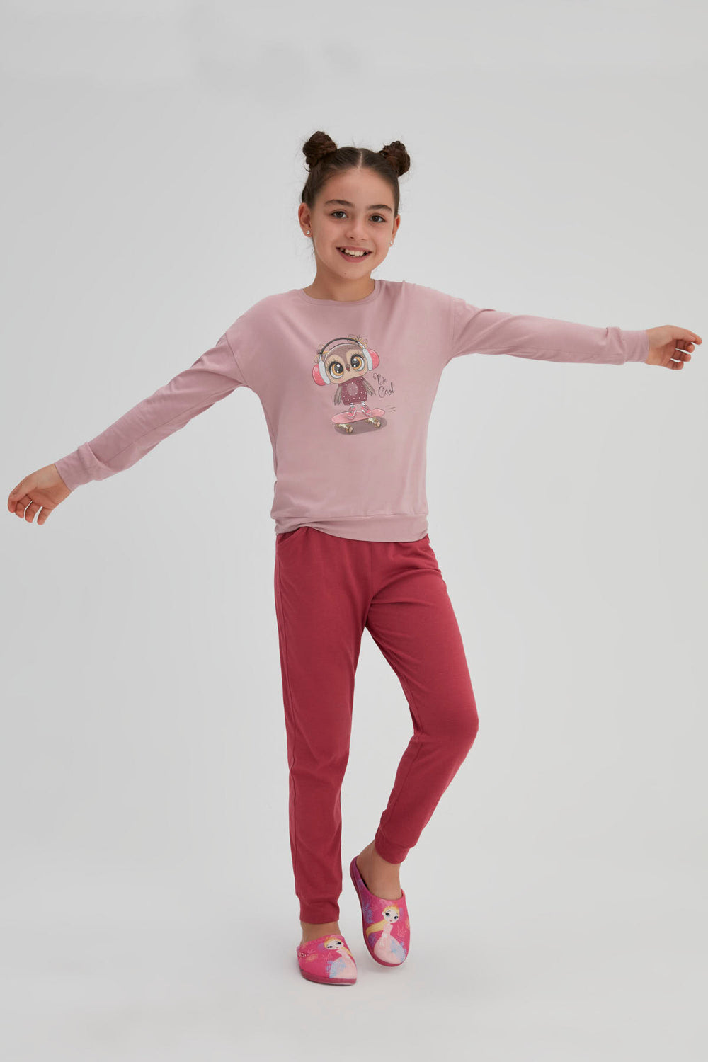 Somon Kız Çocuk Pamuk Baykuş Baskılı O Yaka Pijama Takımı