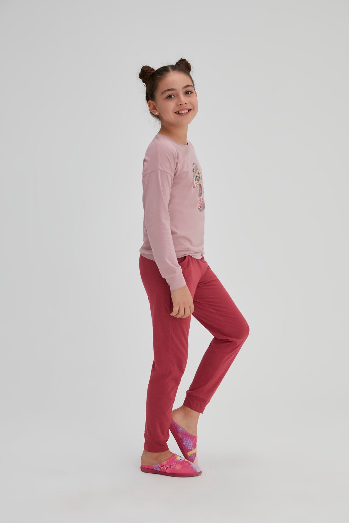 Somon Kız Çocuk Pamuk Baykuş Baskılı O Yaka Pijama Takımı