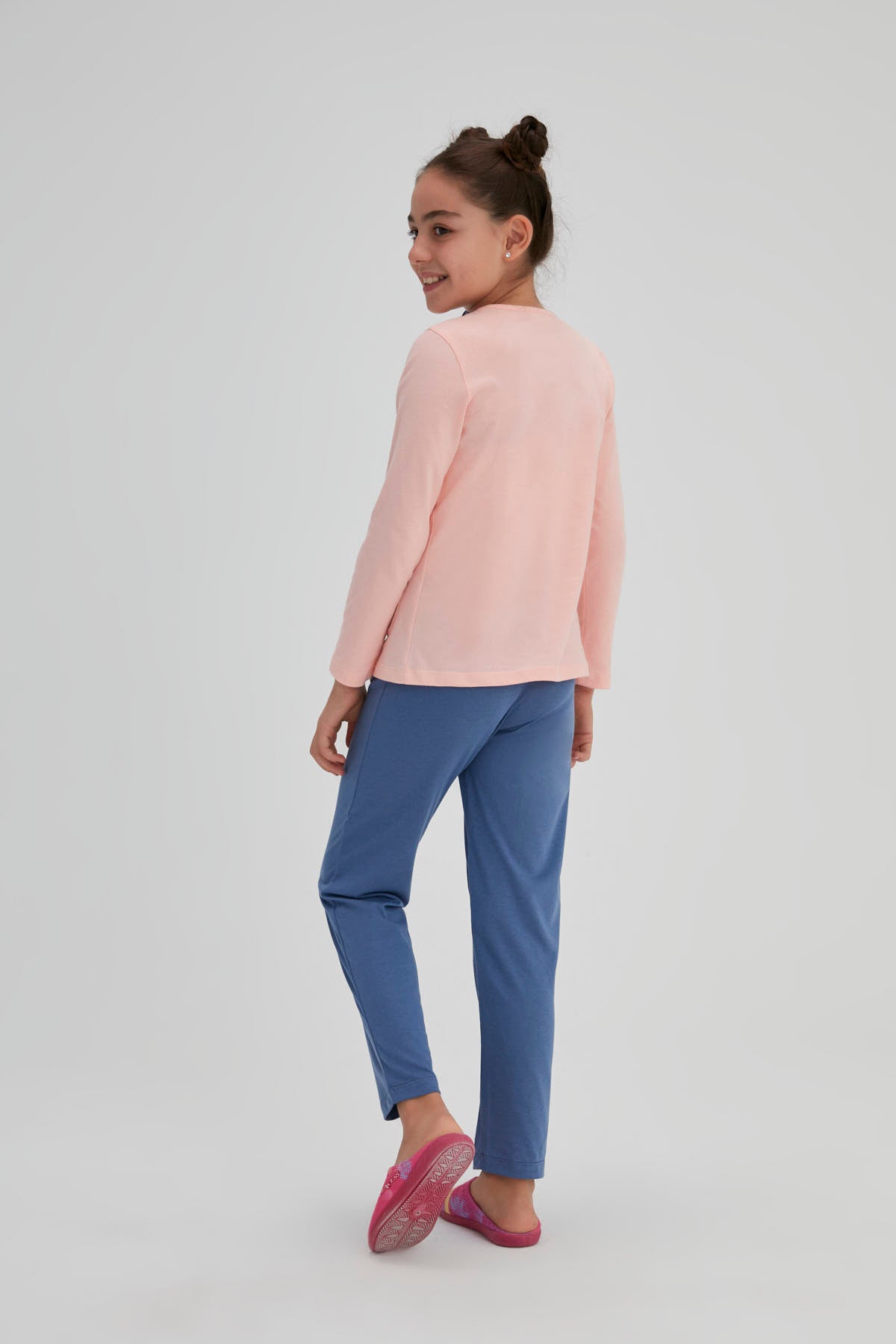 Somon Kız Çocuk Pamuk Maymun Baskılı O Yaka Pijama Takımı