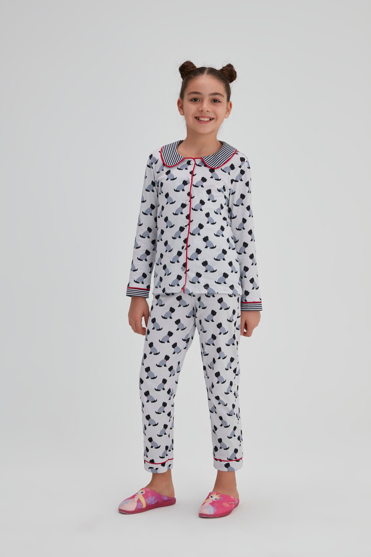 Lacivert Kız Çocuk Pamuk Köpek Baskılı Gömlek Pijama Takımı