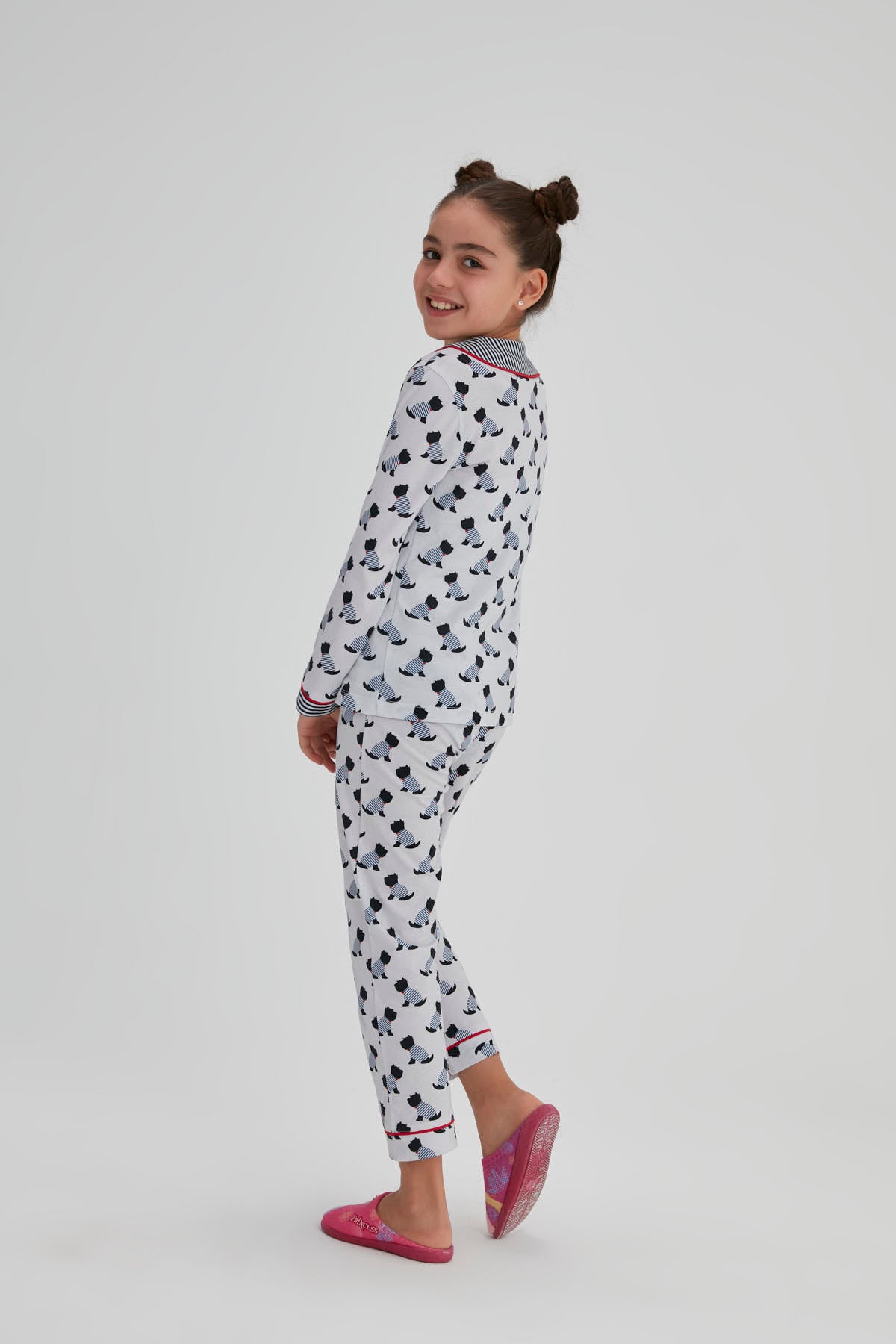 Lacivert Kız Çocuk Pamuk Köpek Baskılı Gömlek Pijama Takımı