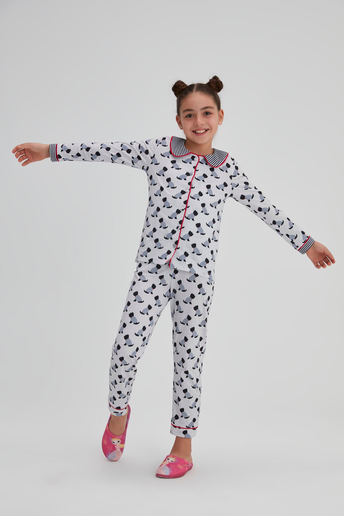 Lacivert Kız Çocuk Pamuk Köpek Baskılı Gömlek Pijama Takımı