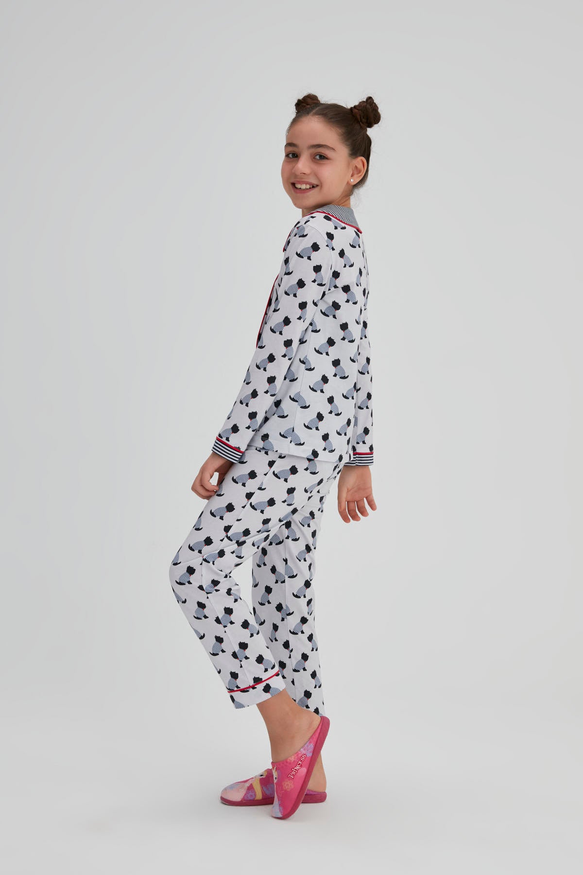 Lacivert Kız Çocuk Pamuk Köpek Baskılı Gömlek Pijama Takımı