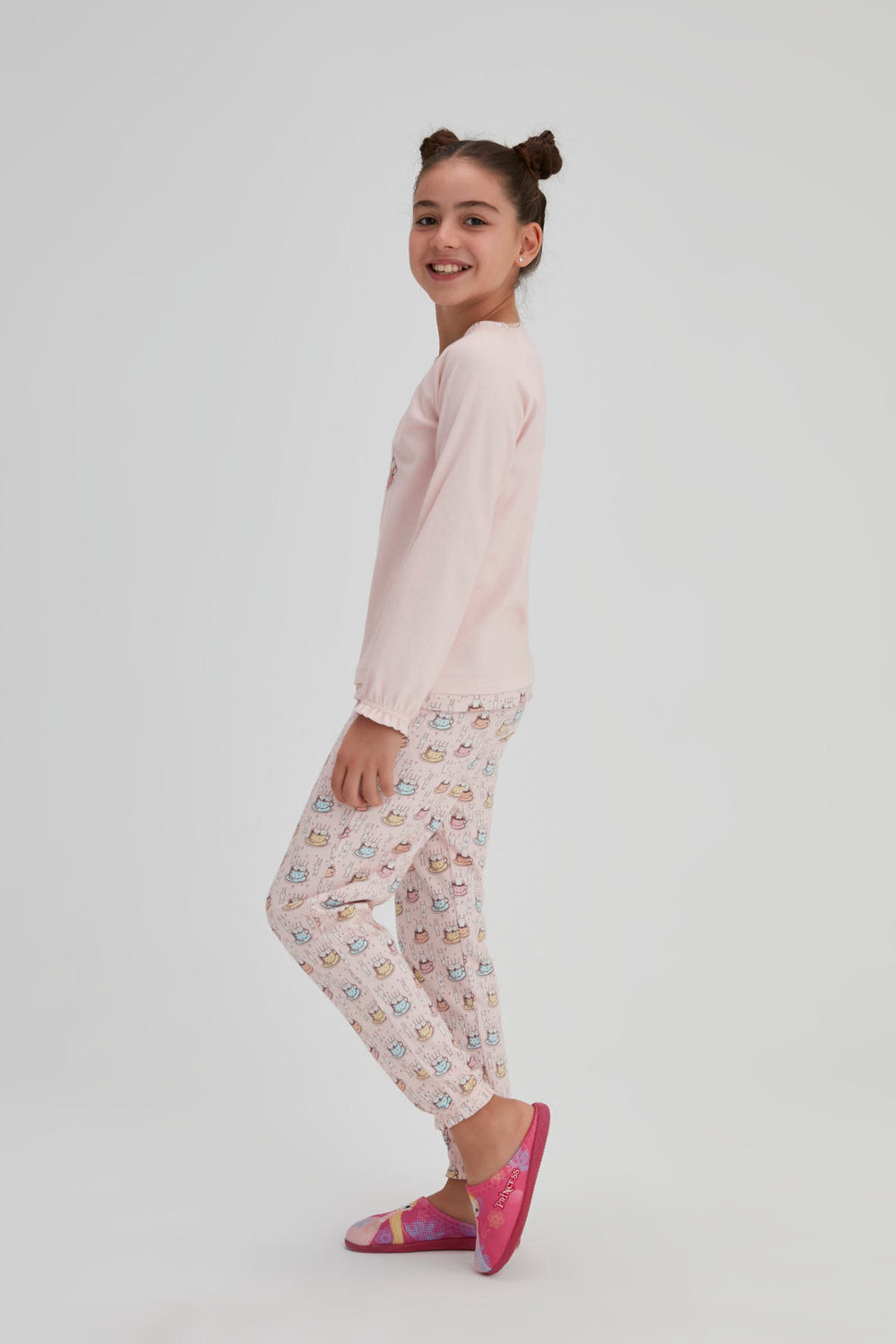 Pembe Kız Çocuk Interlok Tavşan Baskılı O Yaka Pijama Takımı