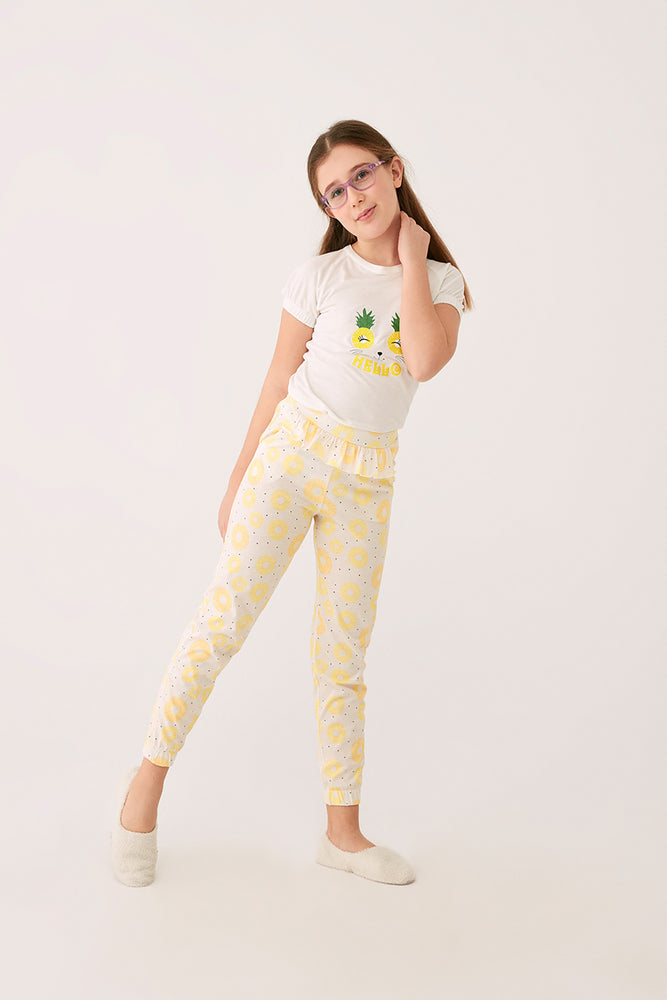 Ekru O Yaka Ananas Modal Empirme Kumaş Altı Ribana Kız Çocuk Pijama Takımı
