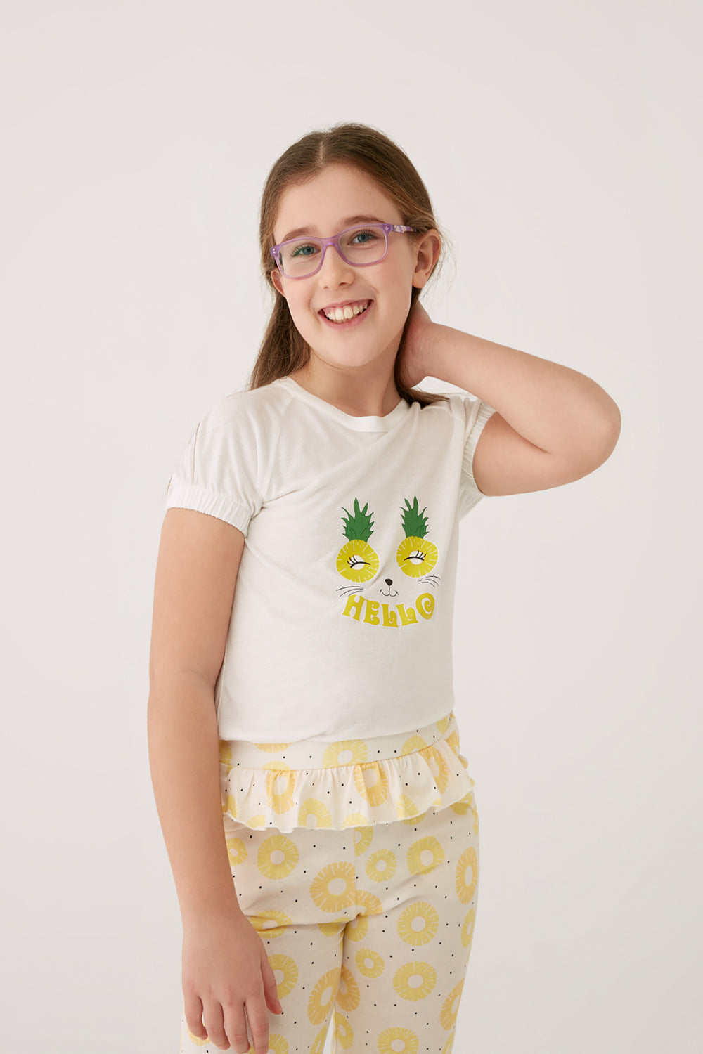 Ekru O Yaka Ananas Modal Empirme Kumaş Altı Ribana Kız Çocuk Pijama Takımı