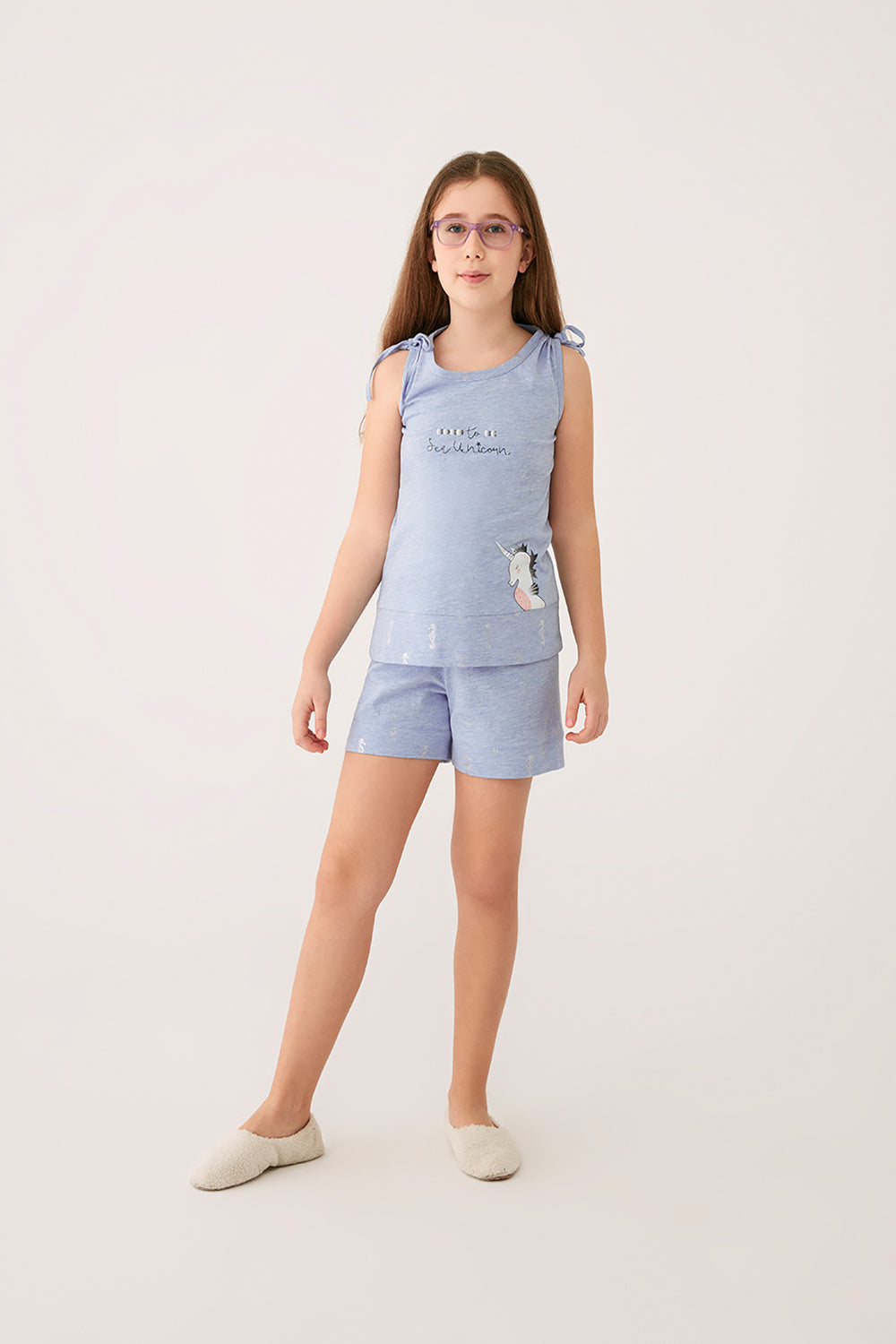 Mavi Melanj Kız Çocuk O Yaka Kolsuz Şort Takımı
