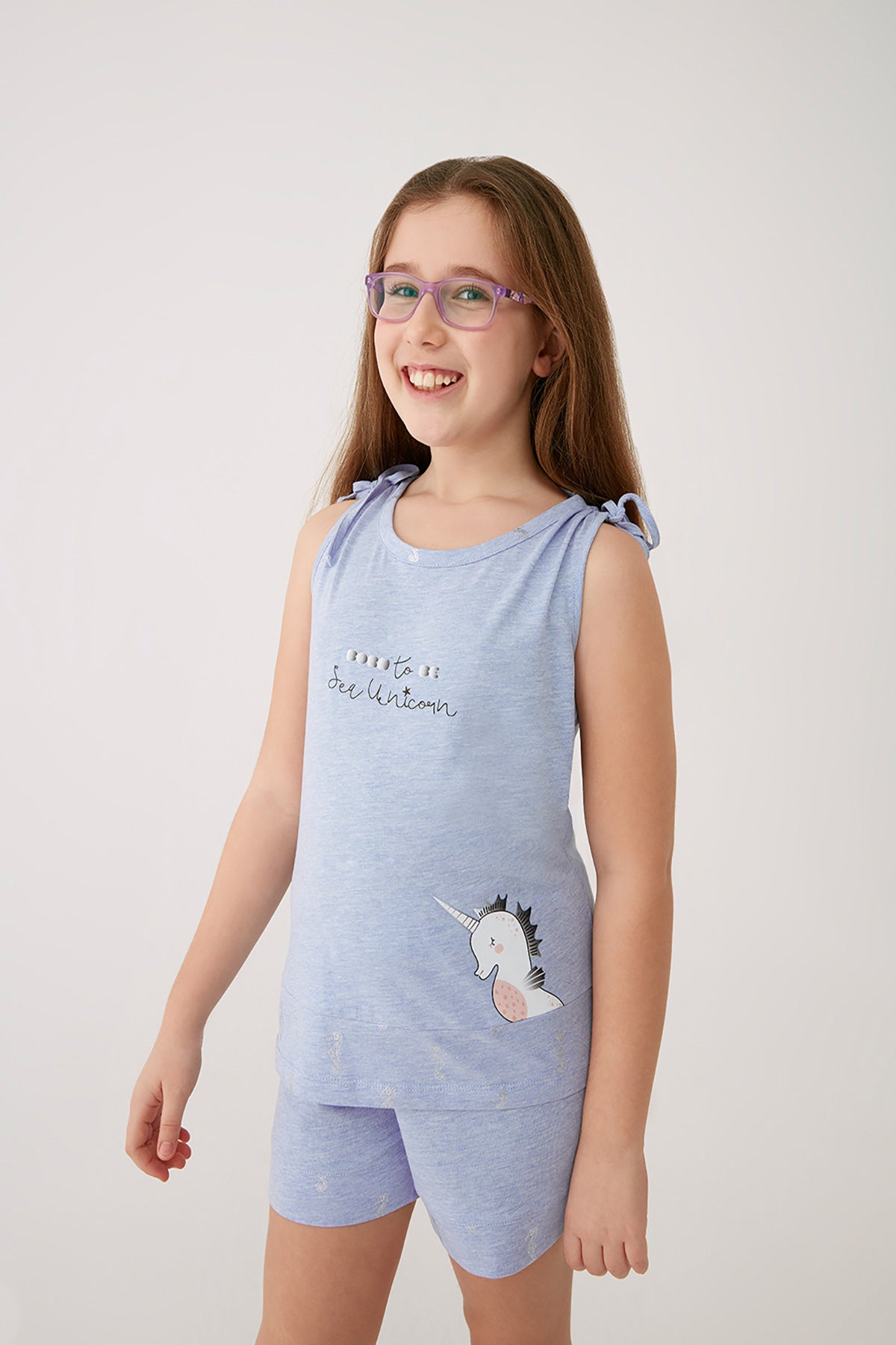 Mavi Melanj Kız Çocuk O Yaka Kolsuz Şort Takımı