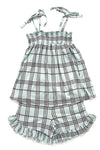 Yeşil Kız Çocuk Modal Ekoseli Kare Yaka Askılı Şort Takımı