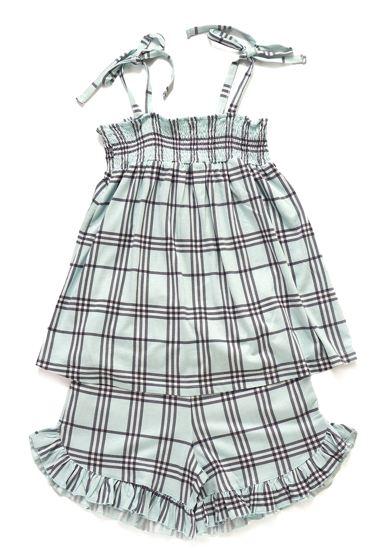 Yeşil Kız Çocuk Modal Ekoseli Kare Yaka Askılı Şort Takımı