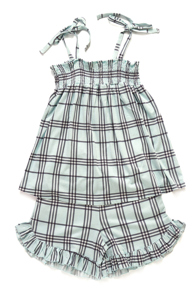 Yeşil Kız Çocuk Modal Ekoseli Kare Yaka Askılı Şort Takımı