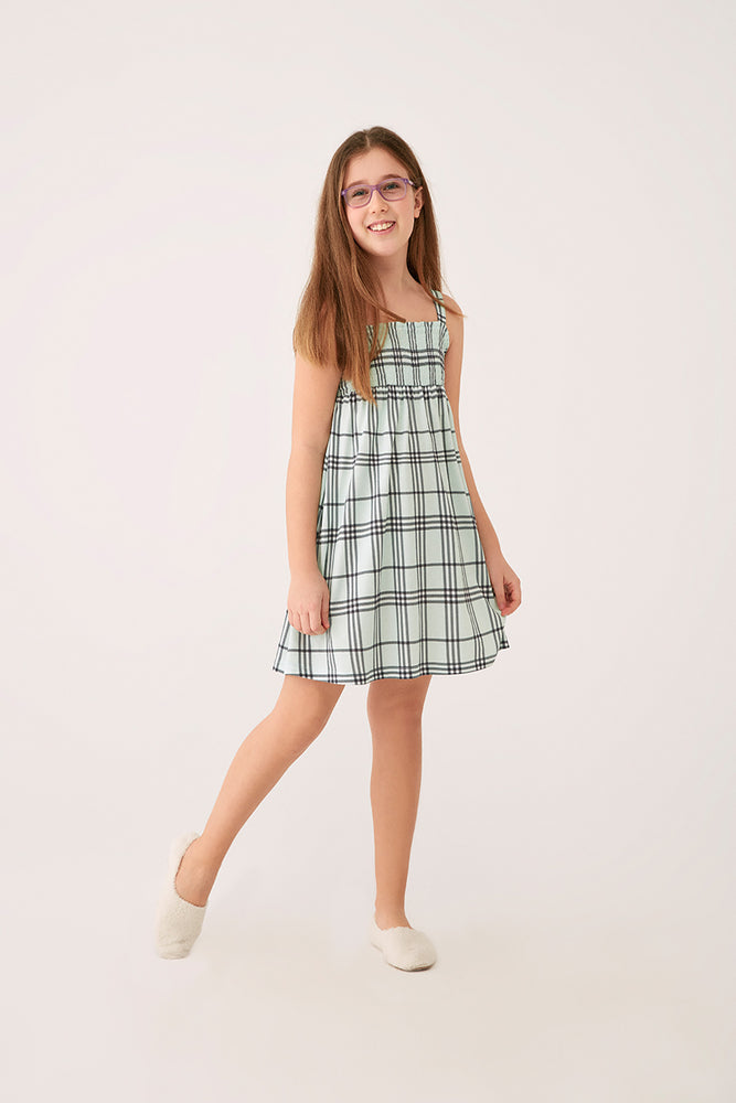 Yeşil Kız Çocuk Kare Yaka Ekoseli Modal Kumaş Askılı Gecelik