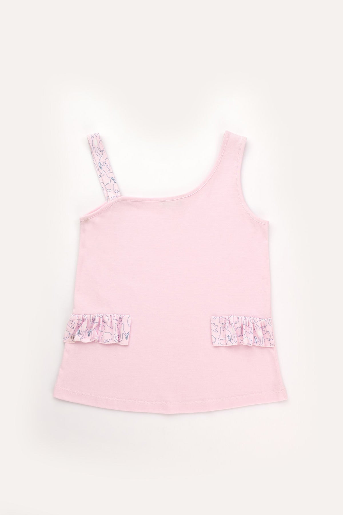 Pembe Kız Çocuk Kedili Askılı Şort Takımı