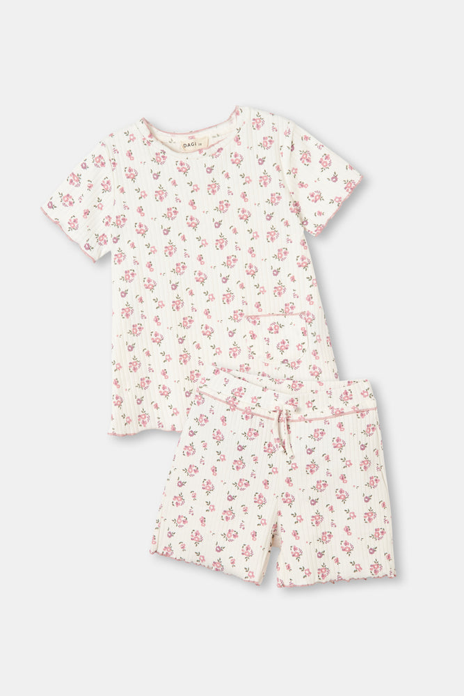 Ekru Sıfır Yaka Çiçekli Şort Takım